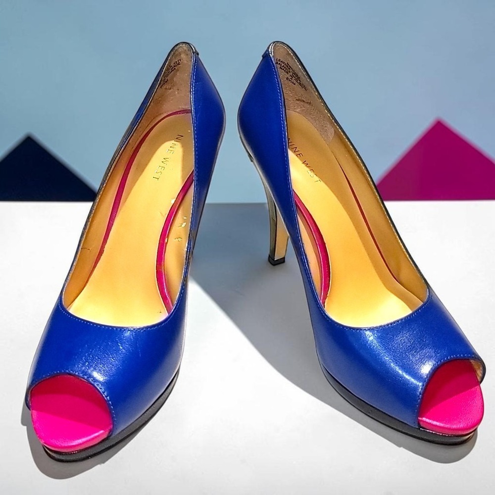 Nine West NWDANEE Royal Blue Pink Leather Peep Toe Platform Heels 8.5M Women